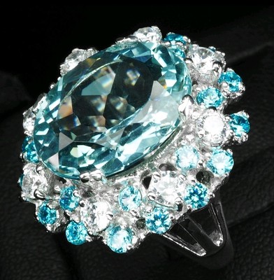 925 Sterling Silber Weißgold Ringe makellos meerblau Aquamarin oval 10,10ct