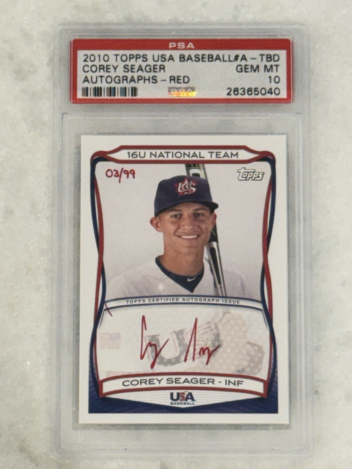 2010 Topps USA Baseball Corey Seager Red Auto /99 PSA 10 16U #A-TBD Rookie RC