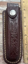 Vintage Dark Brown Leather Sheath For Long Fomding Knife Deer Tooling 6”