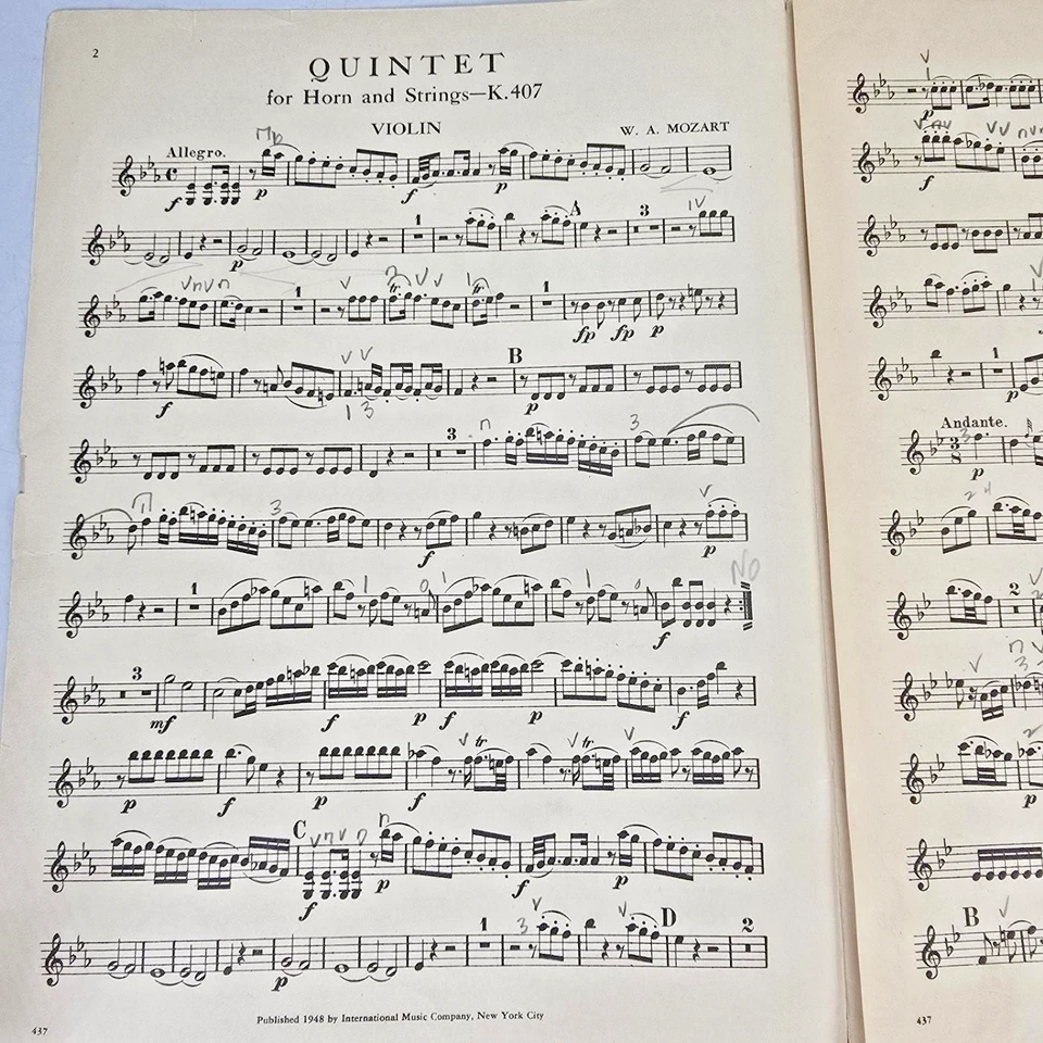 Mozart Quintet K.407 Violin Viola Cello French Horn Sheet Music Score Parts 1948 - Image 2 of 4