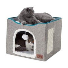 Cat Beds for Indoor Cats - Large Cat Cave for Pet Cat House with Fluffy Grey