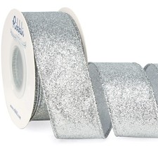 Ribbli Silver Glitter Wired Ribbon,Silver with Metallic Edge,Christmas Ribbon