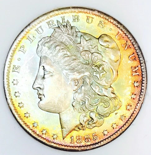 1885 O MORGAN DOLLAR GEM BU+++! RAINBOW TONED STUNNER! SO PRETTY! WOW! NR #K2860