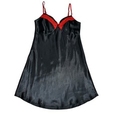 Vintage Black/Red satin chemise slip dress w/ lace trim sz medium goth coquette