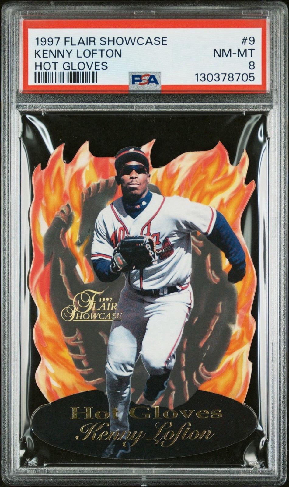 1997 Flair SHOWCASE Baseball KENNY LOFTON  #9 HOT GLOVES DIE CUT Braves PSA 8