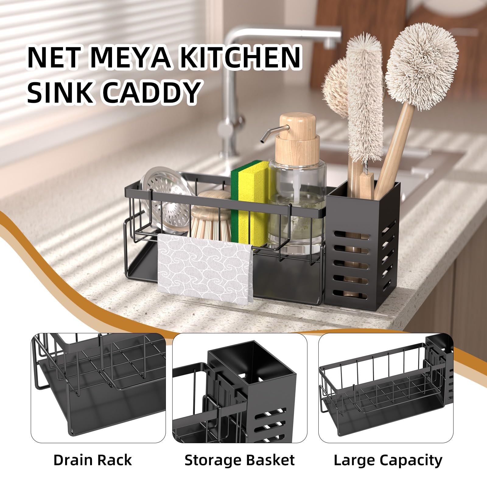 NET MEYA Kitchen Caddy Sink Organizer,Sponge Holder with Dish Brush Holder,Sp...