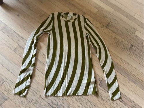 COS Women's Medium Green/ Ecru 100% Wool Crew Neck Slim Fit Lightweight Ruched