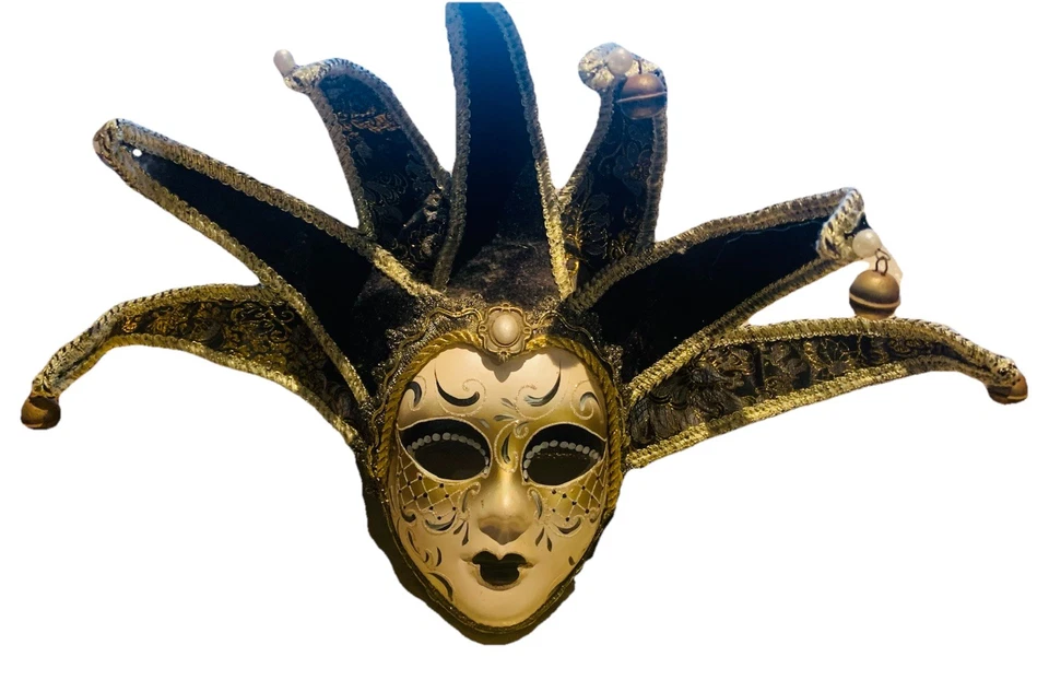 🎭 Porcelain Venetian Jester Mask – Handmade Black & Gold With Pearls & Bells - Image 4 of 4