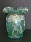 VTG Fenton Teal Lustre Vase Iridescent Hand Painted J Schultz Ruffle Daffodils