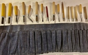 Vintage Doniger Italy Wood Carving Set 16pc Tools Speedball & Denim Roll