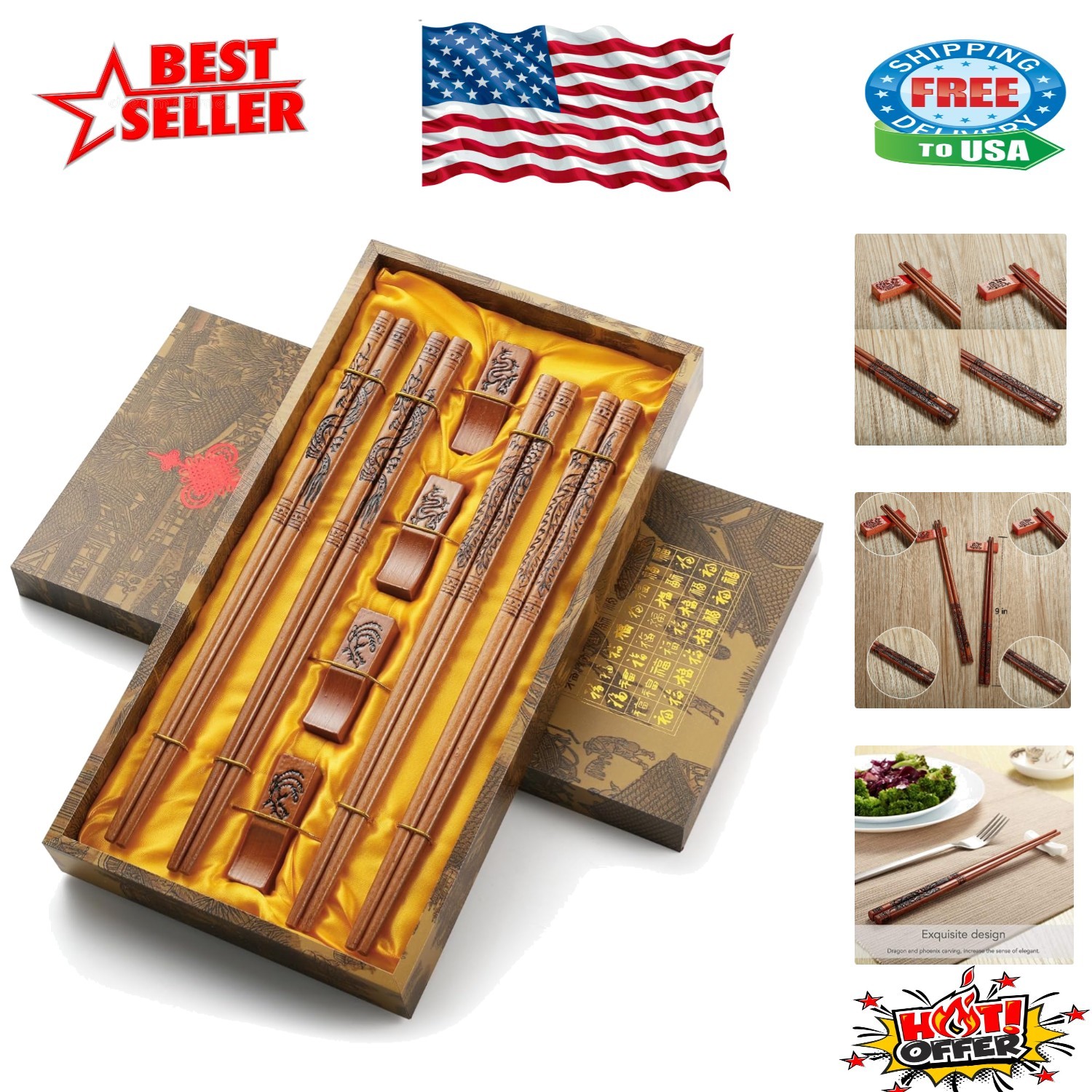 Luxury 9-Inch Dragon and Phoenix Chopsticks - Reusable, Durable, and Elegant Set