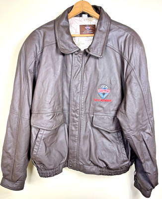 Handyman Club Member Mens 2XL Jacket Brown Leather Collared Zip Pockets Log
