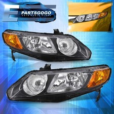 For 06-11 Honda Civic Sedan Fa Jdm Black Housing Amber Headlights Lamps Lh Rh