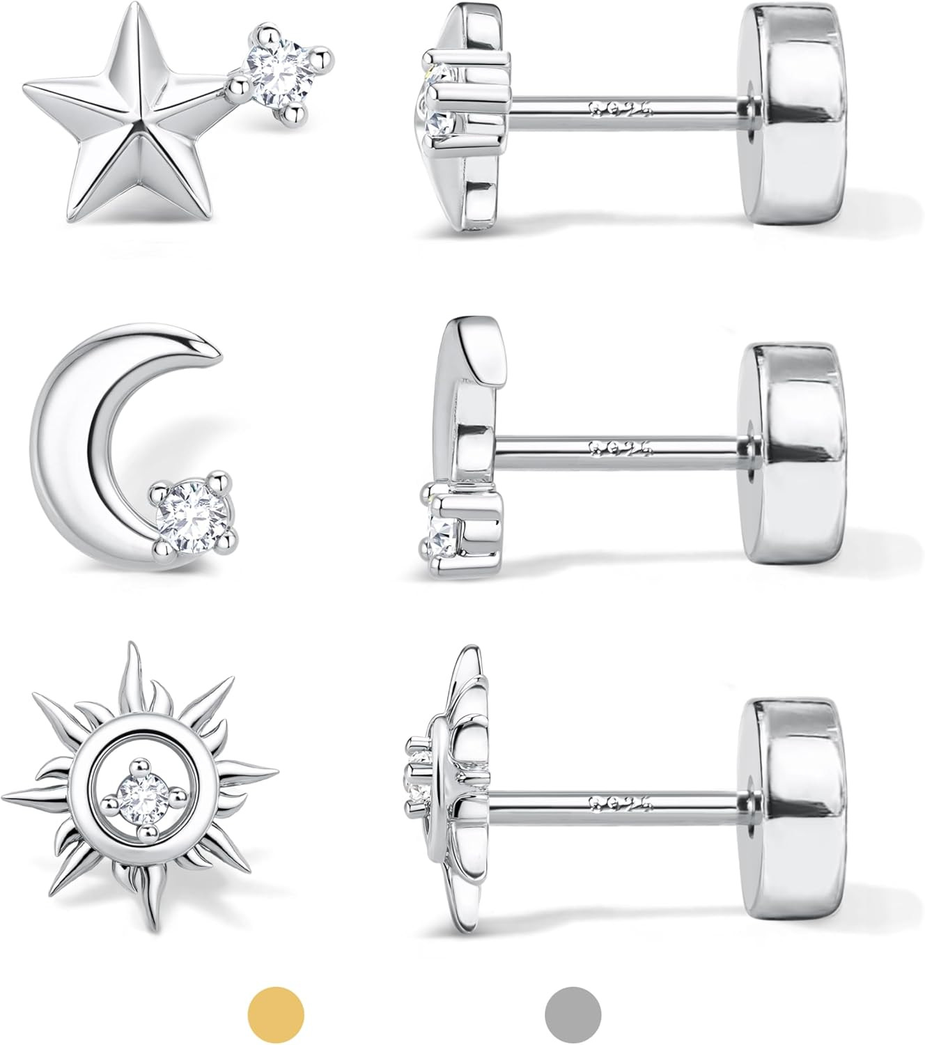 14K Gold Plated 925 Sterling Silver Post Stud Earrings Set, Flat Back Stud Earri