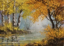 Autumn Birch Trees Oil Painting, Fall River Reflection Landscape, Golden Art