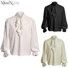Mens Medieval Shirt Long Puff Sleeves Ruffle Collar Tops Blouse Basic Sz