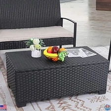 Rattaner Black Outdoor Coffee Table with Storage, All-Weather Wicker, Waterproof