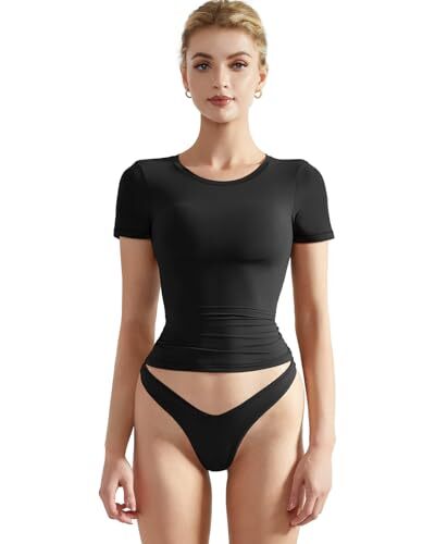 Women Double Lined Fitted Basic Tee Crew Neck Short Sleeve Y2K Small Jet Black - Picture 2 of 7