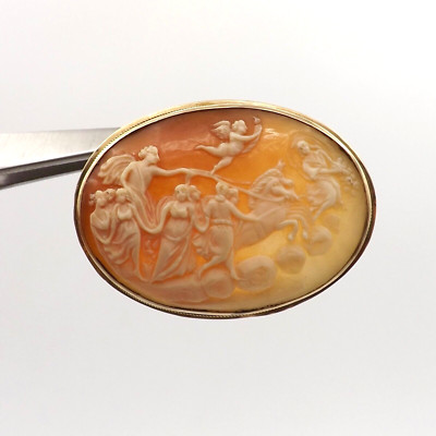 Victorian 14k Gold Shell Cameo Aurora Apollo Chariot Angel Pendant Bezel Setting