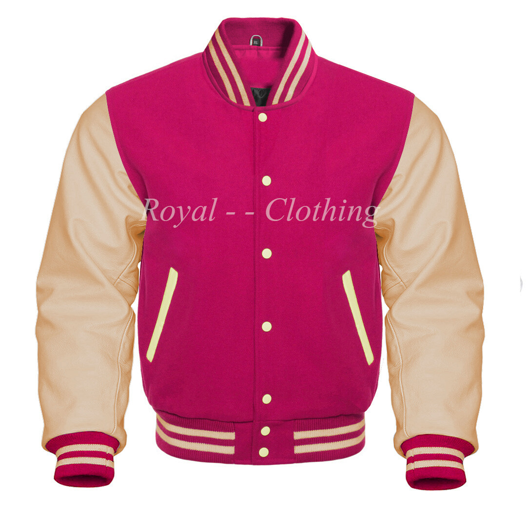 Baseball Varsity Letterman Bomber Hot Pink Wool Genuine Cream Leather  Sleeves - Main Image