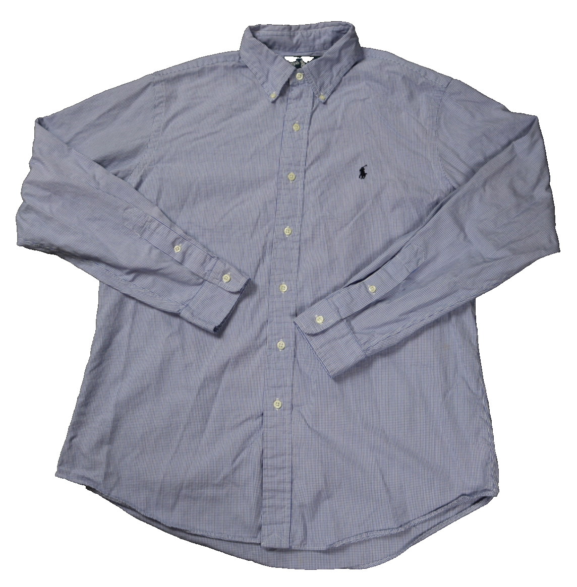 Ralph Lauren Polo Pony Cotone Micro Check Camicia con Bottoni Manica Lunga Blu L