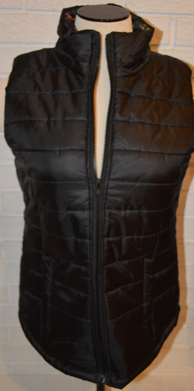 Women's Rue 21 Black Floral Sleeveless Full Zip Puffer Vest Size S, M, L, XL, 1X