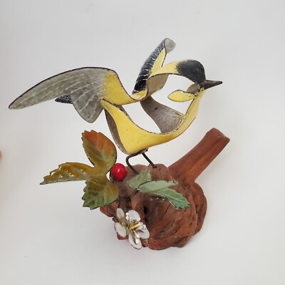 Vtg Norman Brumm Bird Sculpture Goldfinch Enamel On Copper Burl Wood Signed VTG