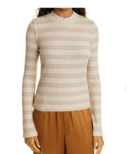NWT 175 VINCE Variegated Rib Stripe Mock Neck Sweater in Wheat/Dark Almond - XL