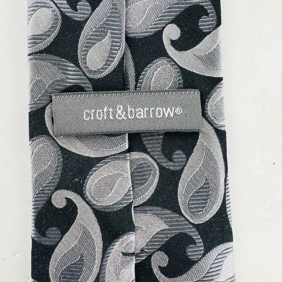 Corbata Croft & Barrow Paisley Gris Negro Plata 100% Seda Foto 4 de 4