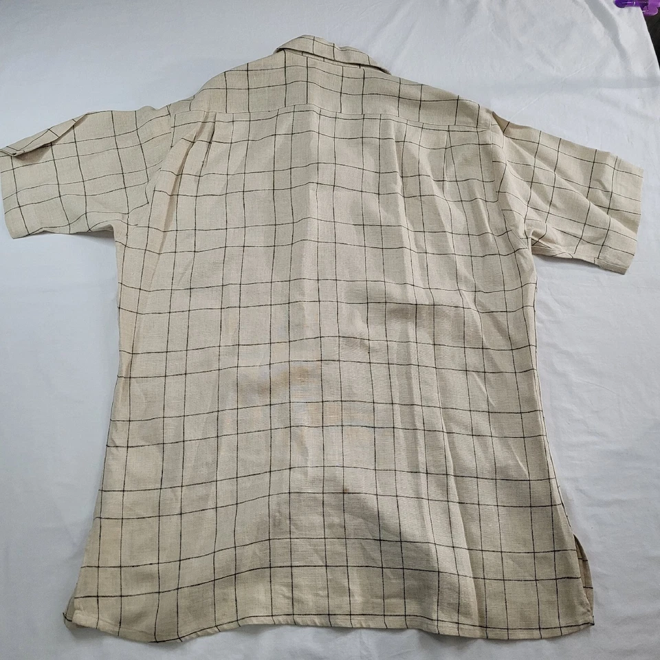 Neiman Marcus Shirt Men's XL Beige Linen Plaid Button Vintage 90s Single Stitch - Image 2 of 4
