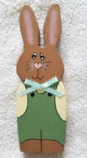 Wooden Hand Painted Handmade Shelf D cor Boy Bunny Green Outfit with Blue Bow