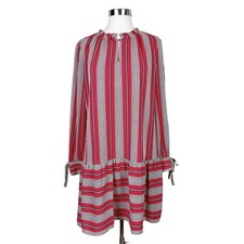 LOFT Dress Women's Size S Red Striped Drop Waist Flounce Long Sleeve Tie Sleeve