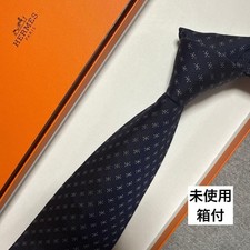 HERMES Neck Tie Navy White 100%Silk With Box ...