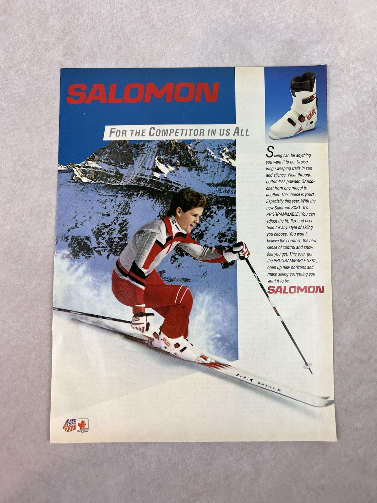 STIVALI DA SCI NEVE SALOMON SX81 vintage anni 80 1985 pubblicità cartacea