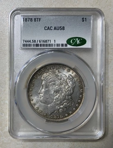 1878 Morgan Silver Dollar 8TF Tail Feather CAC AU58