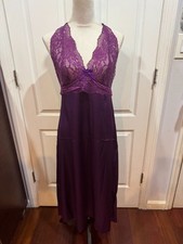 Women Satin Nightgown Slip V Neck lace Dark Purple Thin  Soft Sz L 48"x19" 