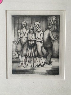 Vintage Framed Print  Dance of The Elders  Skeleton w/ Guitar Creepy Death Art