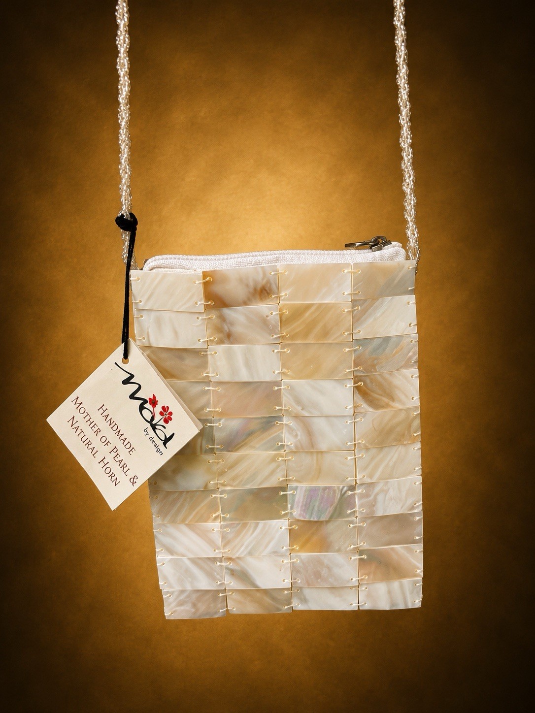 Crossbody Bag Zip Closure Mother of Pearl Beaded Strap White/Silver-image