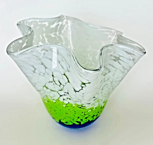 Murano Art Glass Vase Bowl Ruffled Handkerchief Edges Cobalt Blue MCM