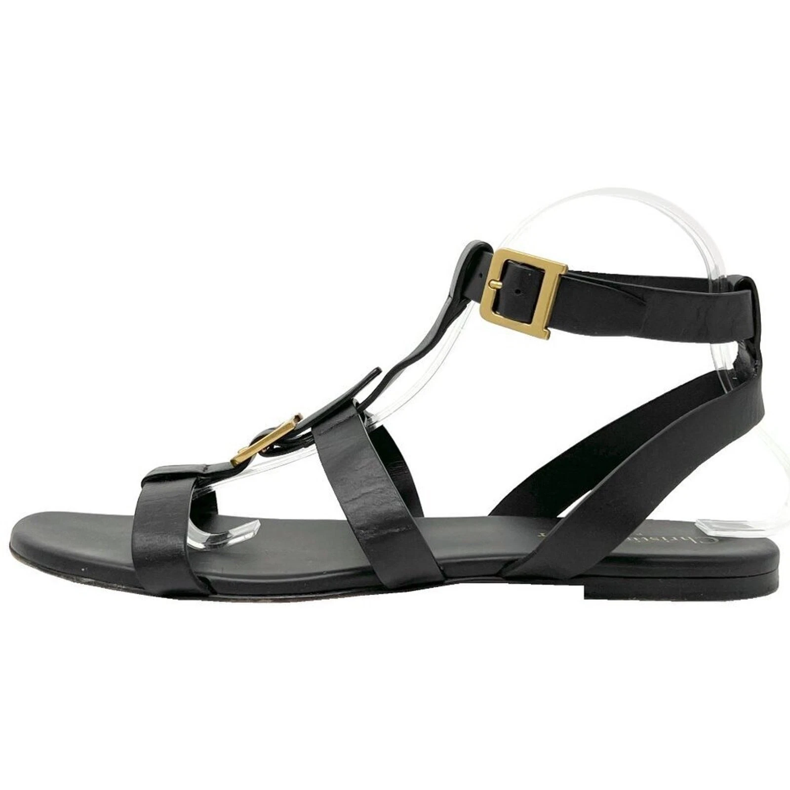 Sandales plates Christian Dior double D boucle dorée cuir noir gladiateur lanières
