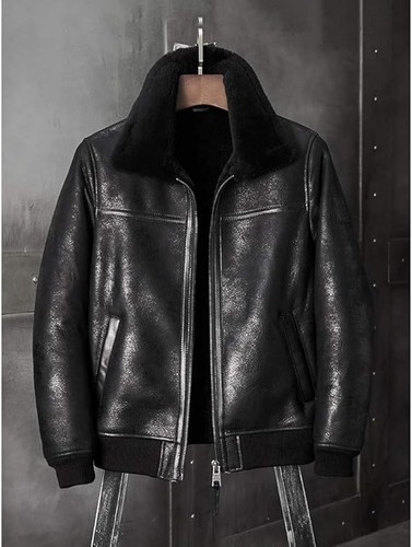 Męska czarna kurtka bomberka B3 Flight Fur Shearling Aviator Skóra owcza Skórzany płaszcz - Zdjęcie 7 z 8