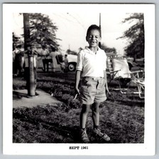 Vtg B&W Snapshot Smiling Boy Outdoors Park Outfit 1961
