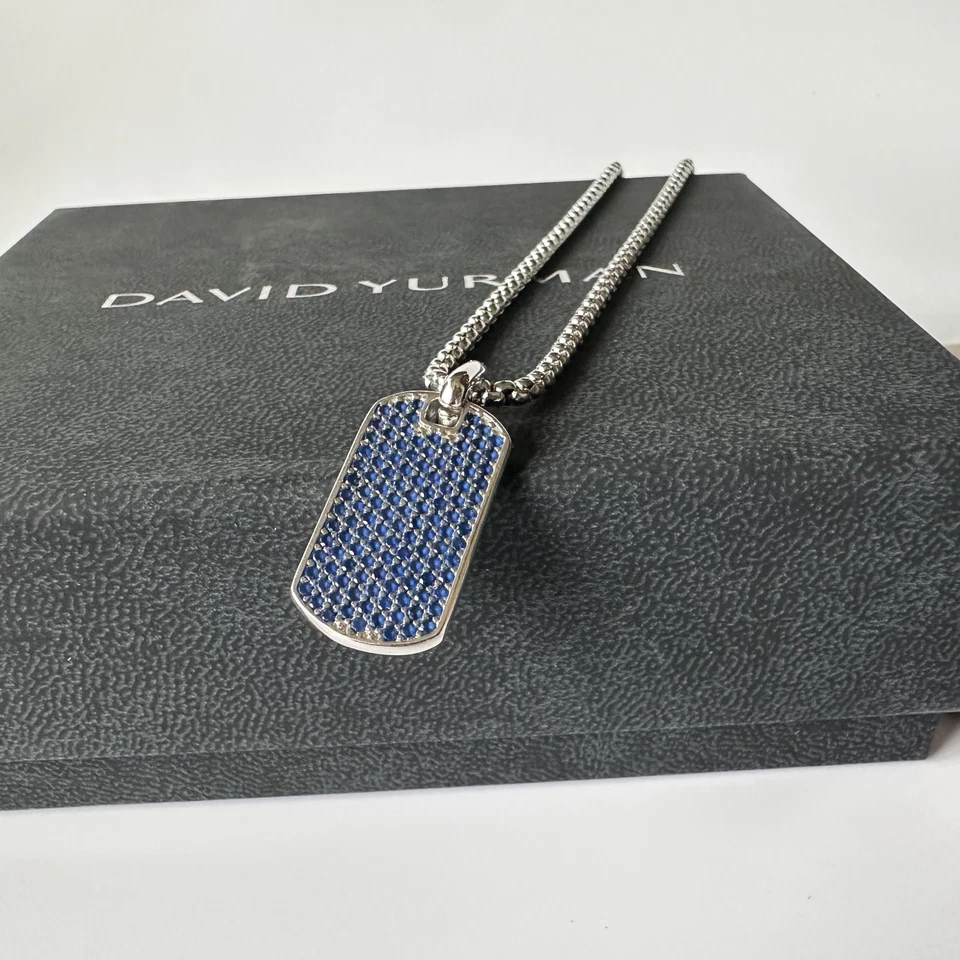 David Yurman Chevron Tag Necklace 925 Sterling Silver with Sapphires 3mm 22in - Image 4 of 4
