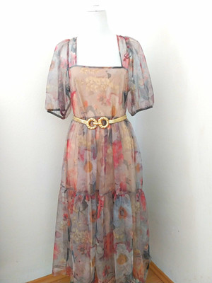 H&M Damen Midikleid Mehrfarbig Chiffon Blumen Puffärmel Gürtel Gr. S