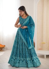 Designer Faux Georgette Teal Blue Lehenga Choli With Dupatta For Wedding Wear