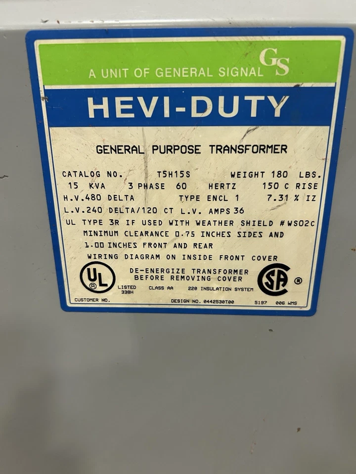 Transformador Hevi Duty S5H15S 15KVA 240/480V 1PH-T1830 Foto 2 de 4