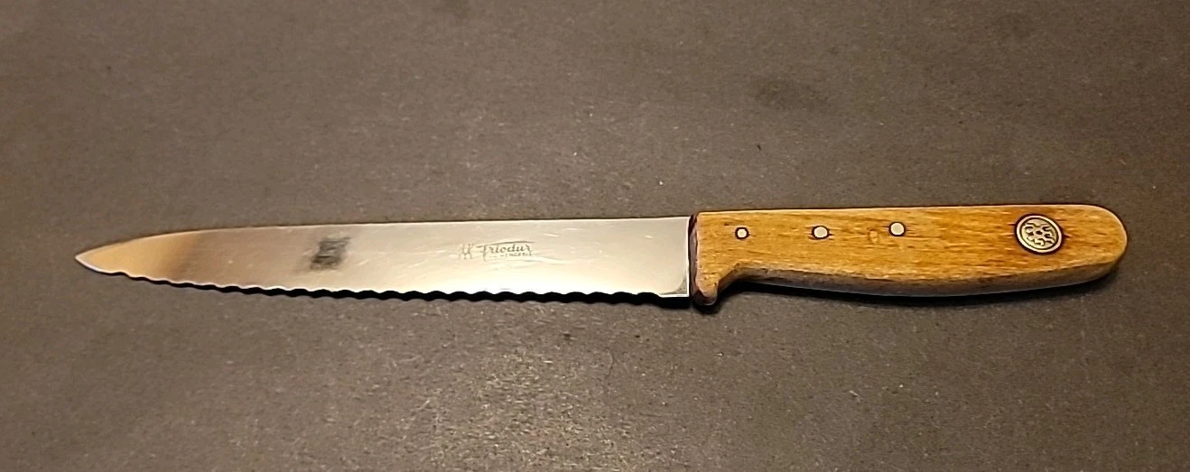 Vintage J A Henckels Friodor Twin Serrated Knife With Medallion In Wooden Handle