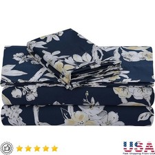 Premium Cotton Sateen Floral 4 Piece Bed Sheet Set Fitted Flat Pillowcases Navy