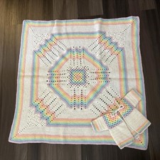 Vintage Crochet Baby Blanket Jacket Set 31" x 31" Newborn Rainbow Handmade