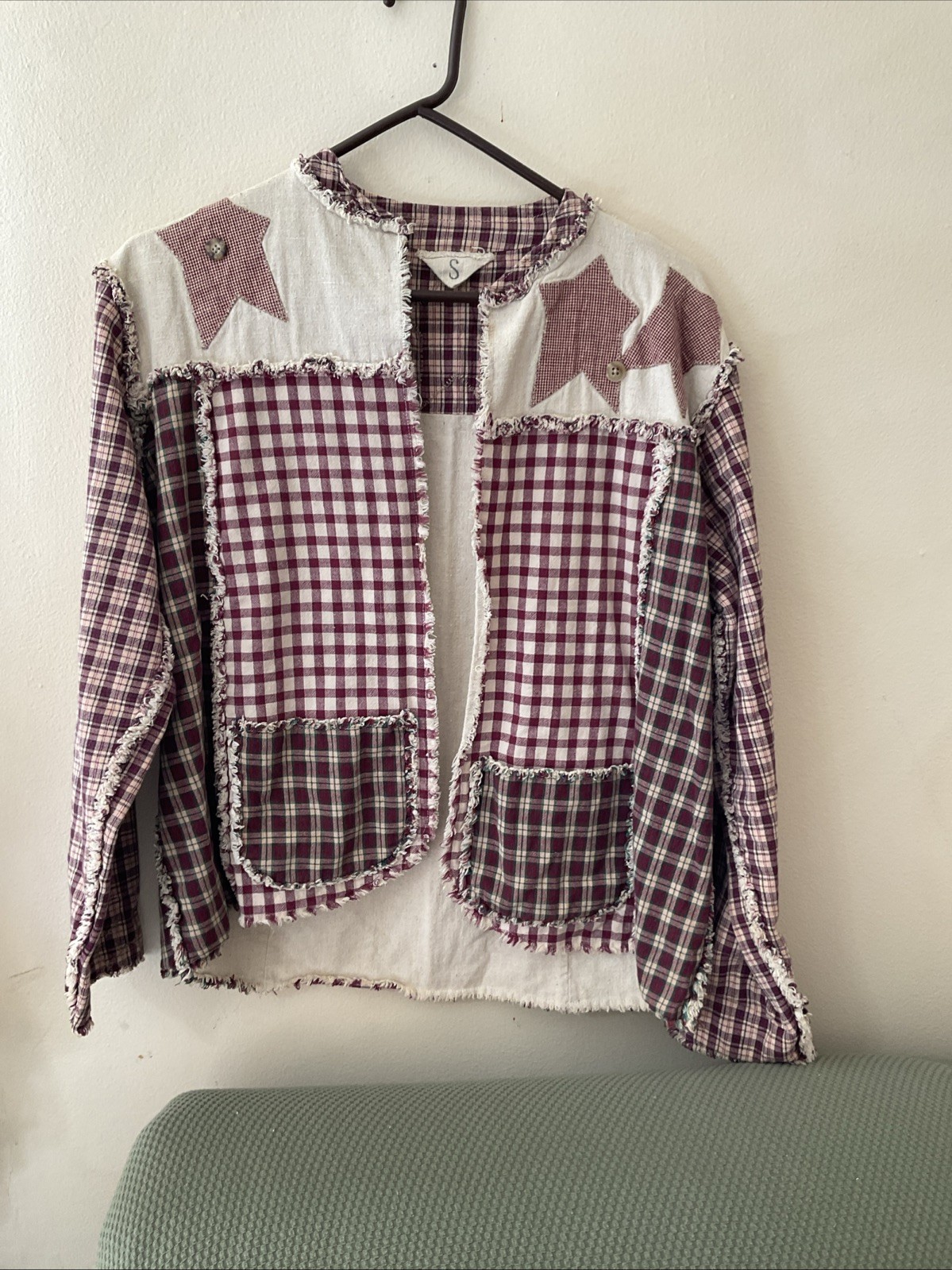 Handmade Patchwork Jacket/ White Gingham & Plaid … - image 1